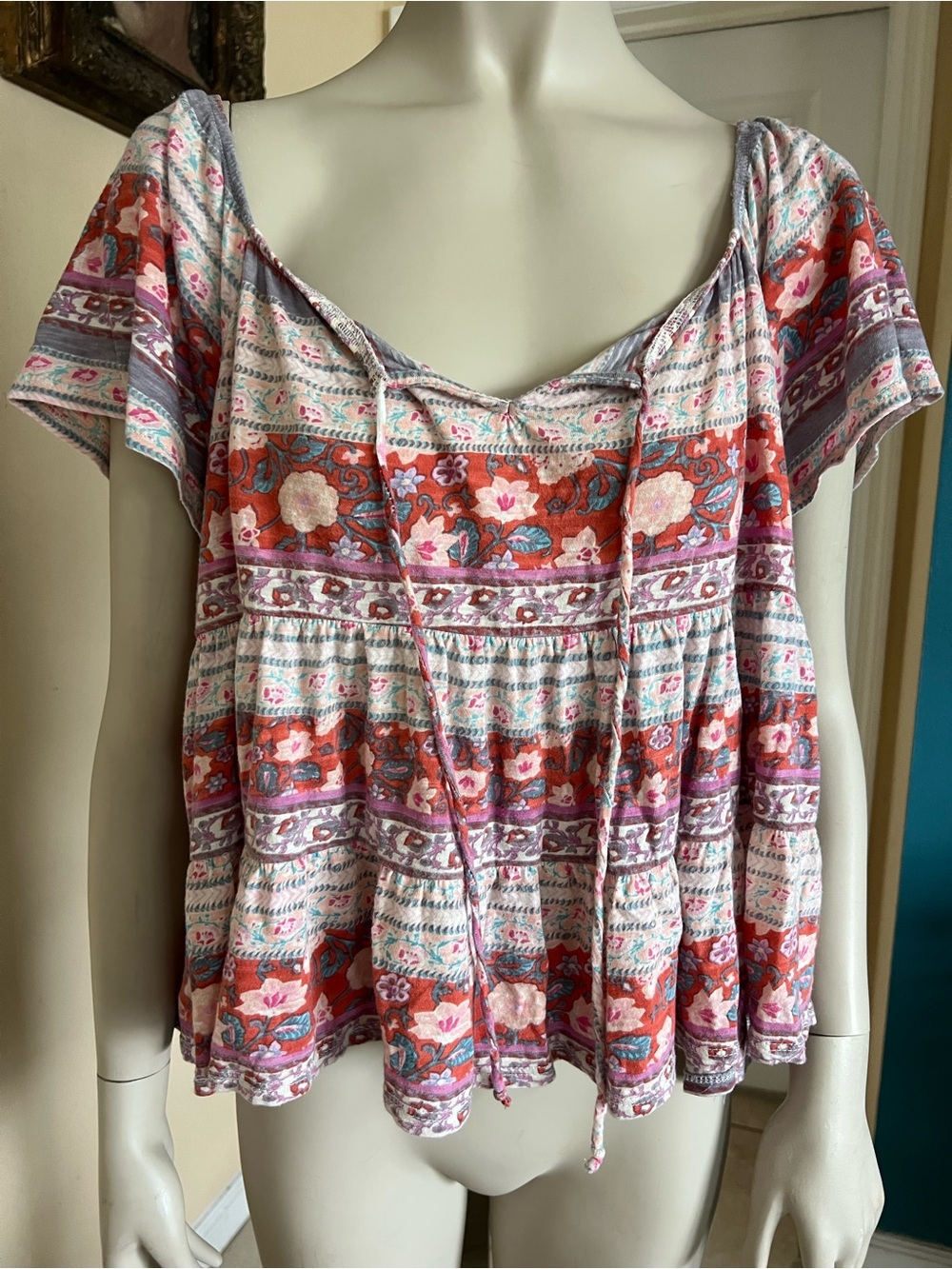 Lucky Brand Pink Multi Floral Tie-Front Peasant Blouse - Picture 2 of 3